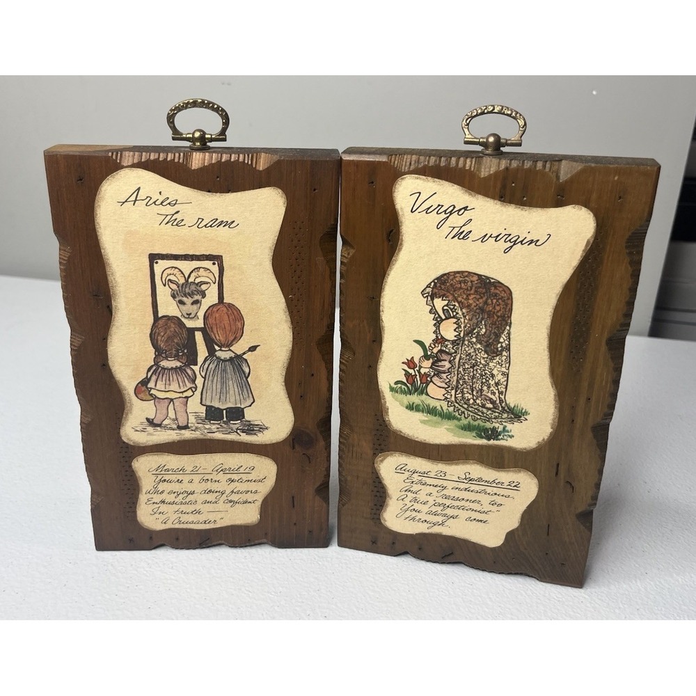 Vtg MCM Wall Decor Horoscope Aries Virgo Wooden Wall Plaque Set Of 2